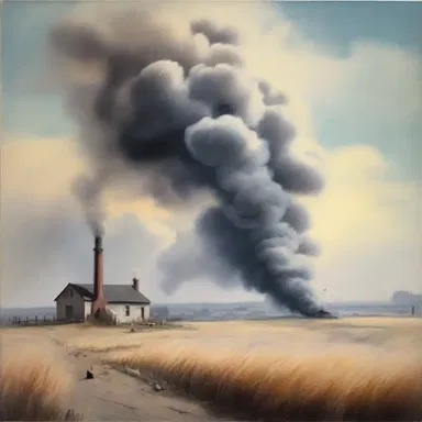 The artist painted a beautiful landscape with wisps of smoke wafting from a distant chimney.