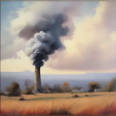 The artist painted a beautiful landscape with wisps of smoke wafting from a distant chimney.