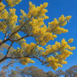 Iconic Australian Golden Wattle tree in vibrant bloom under a bright blue sky