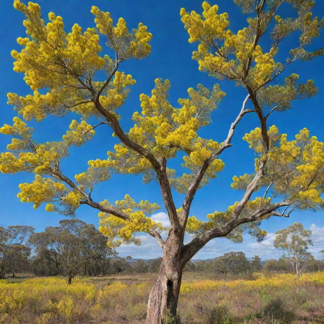 Iconic Australian Golden Wattle tree in vibrant bloom under a bright blue sky