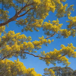 Iconic Australian Golden Wattle tree in vibrant bloom under a bright blue sky