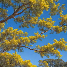 Iconic Australian Golden Wattle tree in vibrant bloom under a bright blue sky