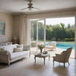 An interior view of a shabby chic villa living room, featuring vintage furniture and distressed textures, with a clear view to a serene swimming pool outside.