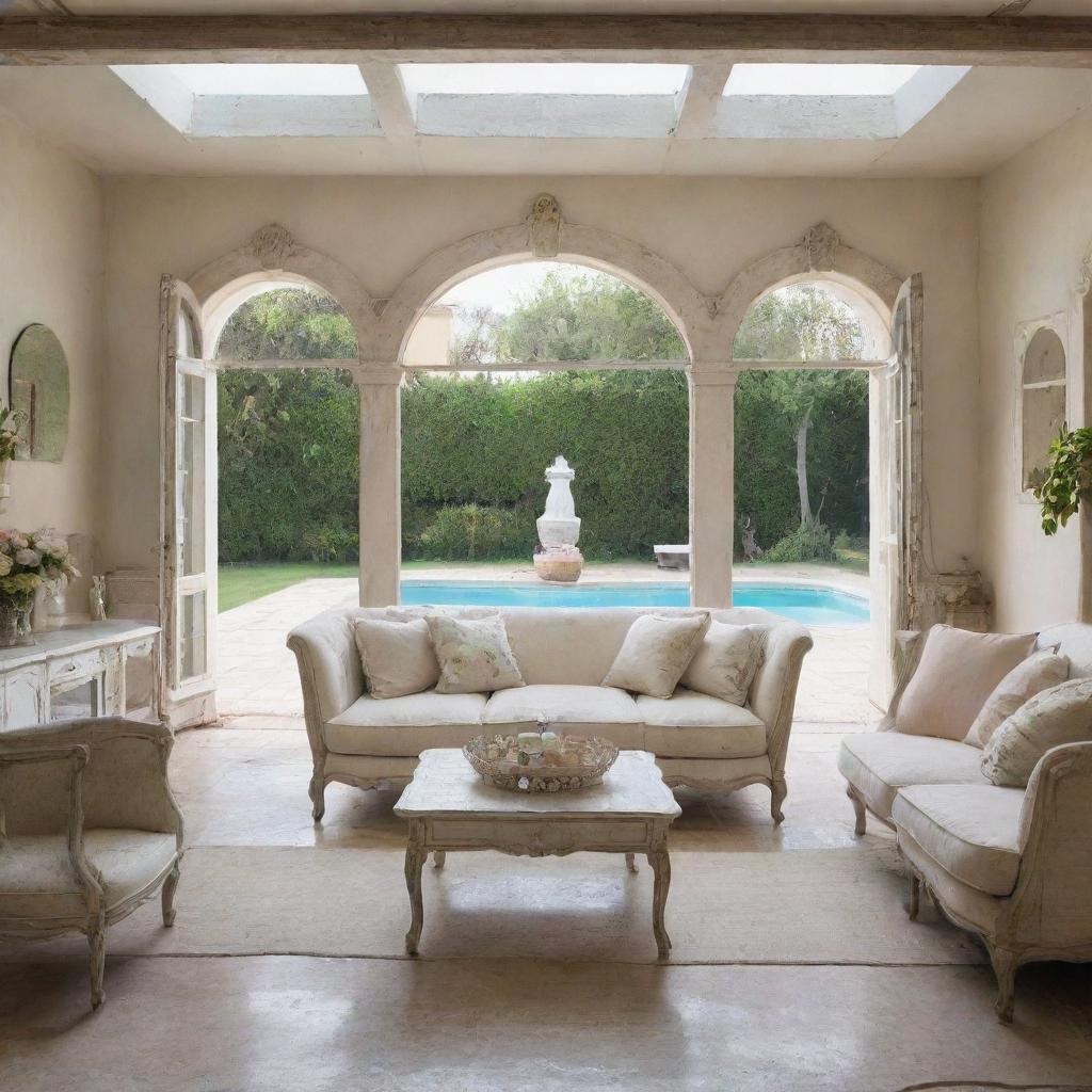 An interior view of a shabby chic villa living room, featuring vintage furniture and distressed textures, with a clear view to a serene swimming pool outside.