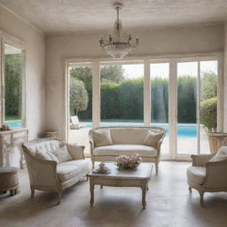 An interior view of a shabby chic villa living room, featuring vintage furniture and distressed textures, with a clear view to a serene swimming pool outside.