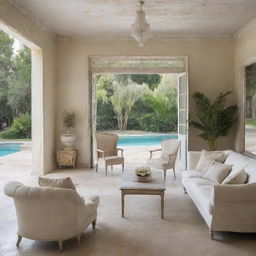 An interior view of a shabby chic villa living room, featuring vintage furniture and distressed textures, with a clear view to a serene swimming pool outside.