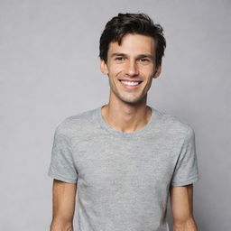 A skinny man in casual clothing, standing confidently with a radiant smile on his face. He has a dark brown hair and fair skin.