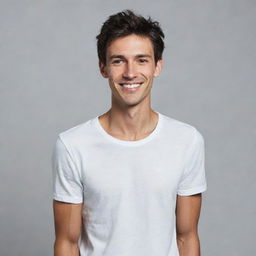 A skinny man in casual clothing, standing confidently with a radiant smile on his face. He has a dark brown hair and fair skin.