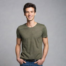 A skinny man in casual clothing, standing confidently with a radiant smile on his face. He has a dark brown hair and fair skin.