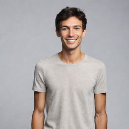 A skinny man in casual clothing, standing confidently with a radiant smile on his face. He has a dark brown hair and fair skin.