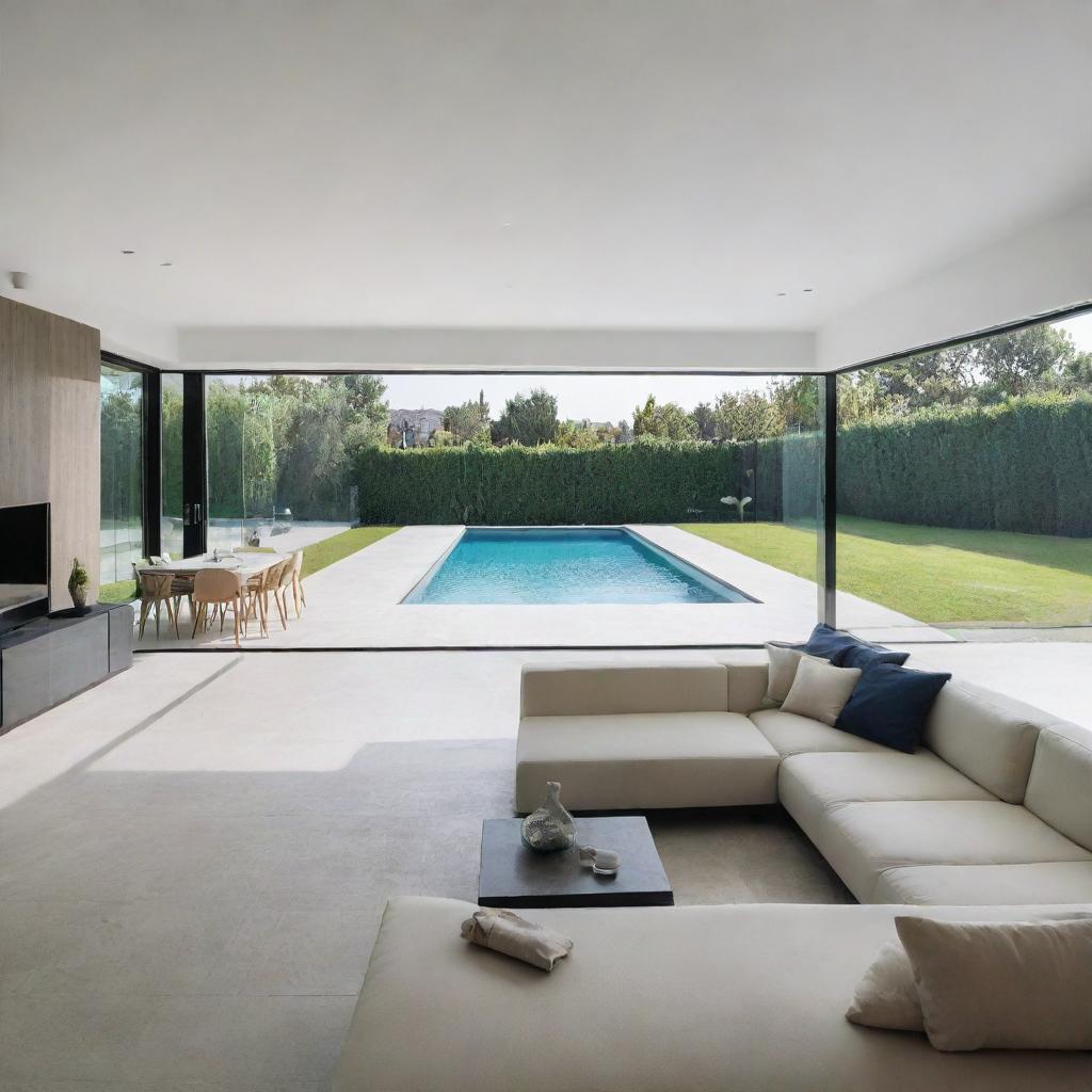 An interior view of a modern villa living room, characterized by sleek lines, minimalistic decor, and a clear view of an inviting swimming pool outside.