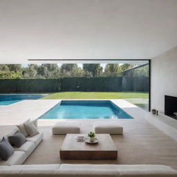 An interior view of a modern villa living room, characterized by sleek lines, minimalistic decor, and a clear view of an inviting swimming pool outside.