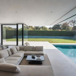 An interior view of a modern villa living room, characterized by sleek lines, minimalistic decor, and a clear view of an inviting swimming pool outside.