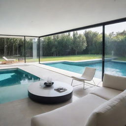 An interior view of a modern villa living room, characterized by sleek lines, minimalistic decor, and a clear view of an inviting swimming pool outside.