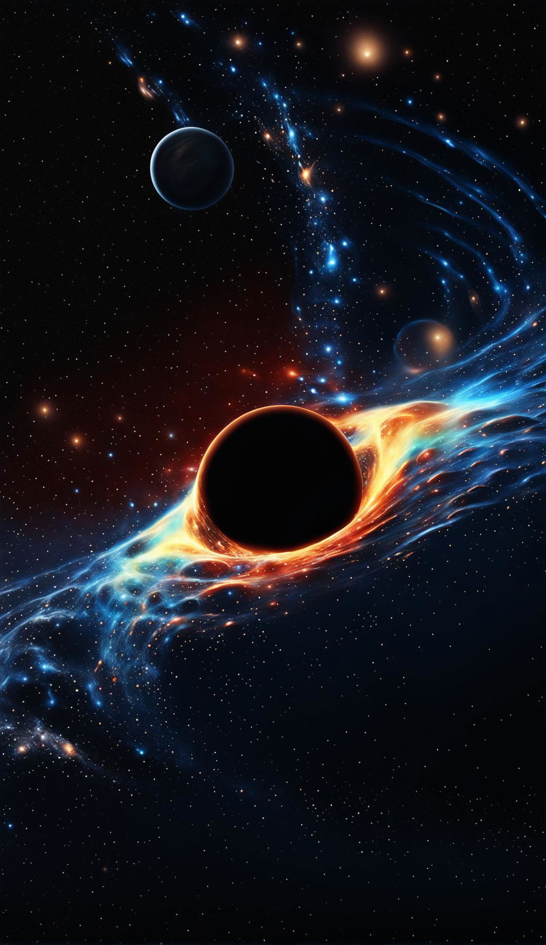 Hyperrealistic digital rendering of a black hole consuming our solar system with detailed depiction of planets and star-studded backdrop.