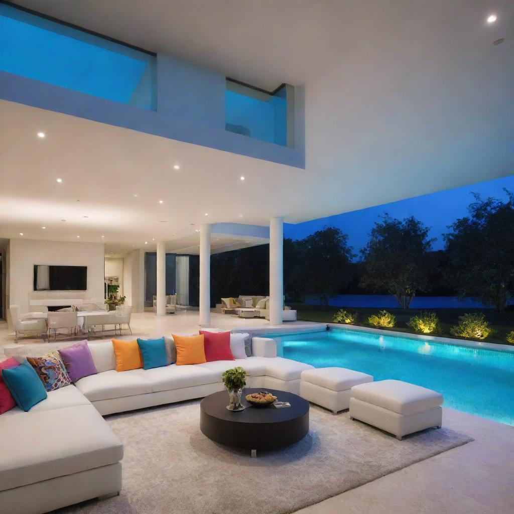 An enhanced version of the modern villa living room, adding more colorful accessories and vibrant lighting. Incorporated seamlessly with an up-close view of an alluring swimming pool.