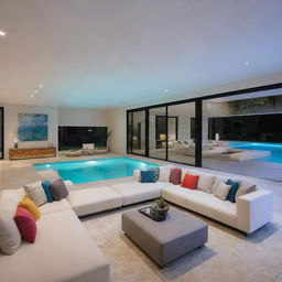 An enhanced version of the modern villa living room, adding more colorful accessories and vibrant lighting. Incorporated seamlessly with an up-close view of an alluring swimming pool.