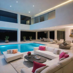 An enhanced version of the modern villa living room, adding more colorful accessories and vibrant lighting. Incorporated seamlessly with an up-close view of an alluring swimming pool.