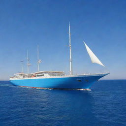 An impressive ship named 'Arabia', gliding smoothly on a lively, sapphire-blue sea under a clear, azure sky.