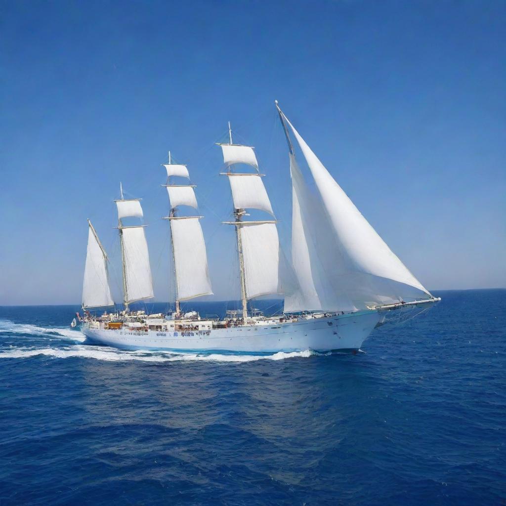 An impressive ship named 'Arabia', gliding smoothly on a lively, sapphire-blue sea under a clear, azure sky.