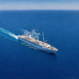 An impressive ship named 'Arabia', gliding smoothly on a lively, sapphire-blue sea under a clear, azure sky.