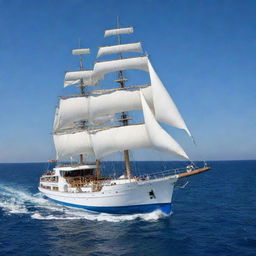 An impressive ship named 'Arabia', gliding smoothly on a lively, sapphire-blue sea under a clear, azure sky.