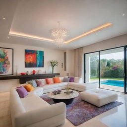 An enhanced, colorful version of a modern villa living room, enriched with additional accessories and dramatic lighting, to create a vibrant atmosphere; featuring a pool view nearby.