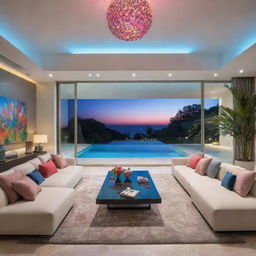 An enhanced, colorful version of a modern villa living room, enriched with additional accessories and dramatic lighting, to create a vibrant atmosphere; featuring a pool view nearby.