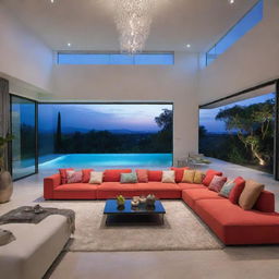 An enhanced, colorful version of a modern villa living room, enriched with additional accessories and dramatic lighting, to create a vibrant atmosphere; featuring a pool view nearby.