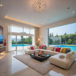 An enhanced, colorful version of a modern villa living room, enriched with additional accessories and dramatic lighting, to create a vibrant atmosphere; featuring a pool view nearby.