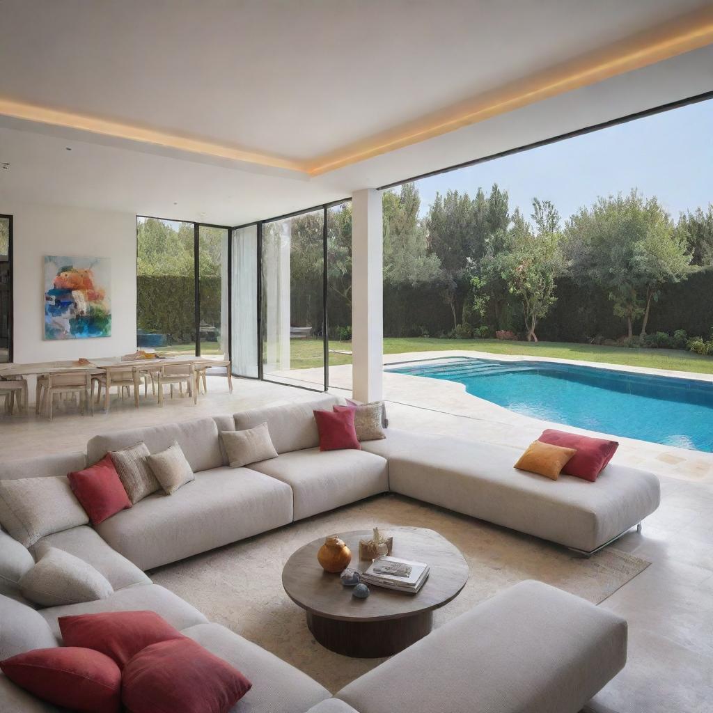 An enriched image of a modern living room in a villa, accentuated with additional accessories, enhanced lighting, more splashes of color, and an adjacent view of a serene swimming pool.