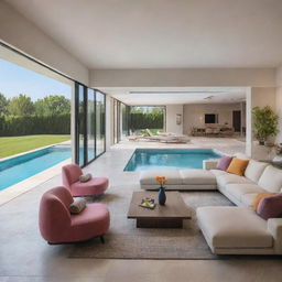 An enriched image of a modern living room in a villa, accentuated with additional accessories, enhanced lighting, more splashes of color, and an adjacent view of a serene swimming pool.