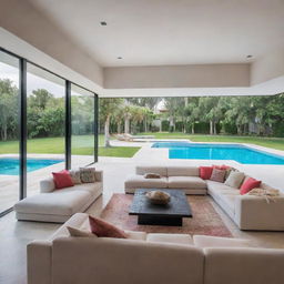 An enriched image of a modern living room in a villa, accentuated with additional accessories, enhanced lighting, more splashes of color, and an adjacent view of a serene swimming pool.