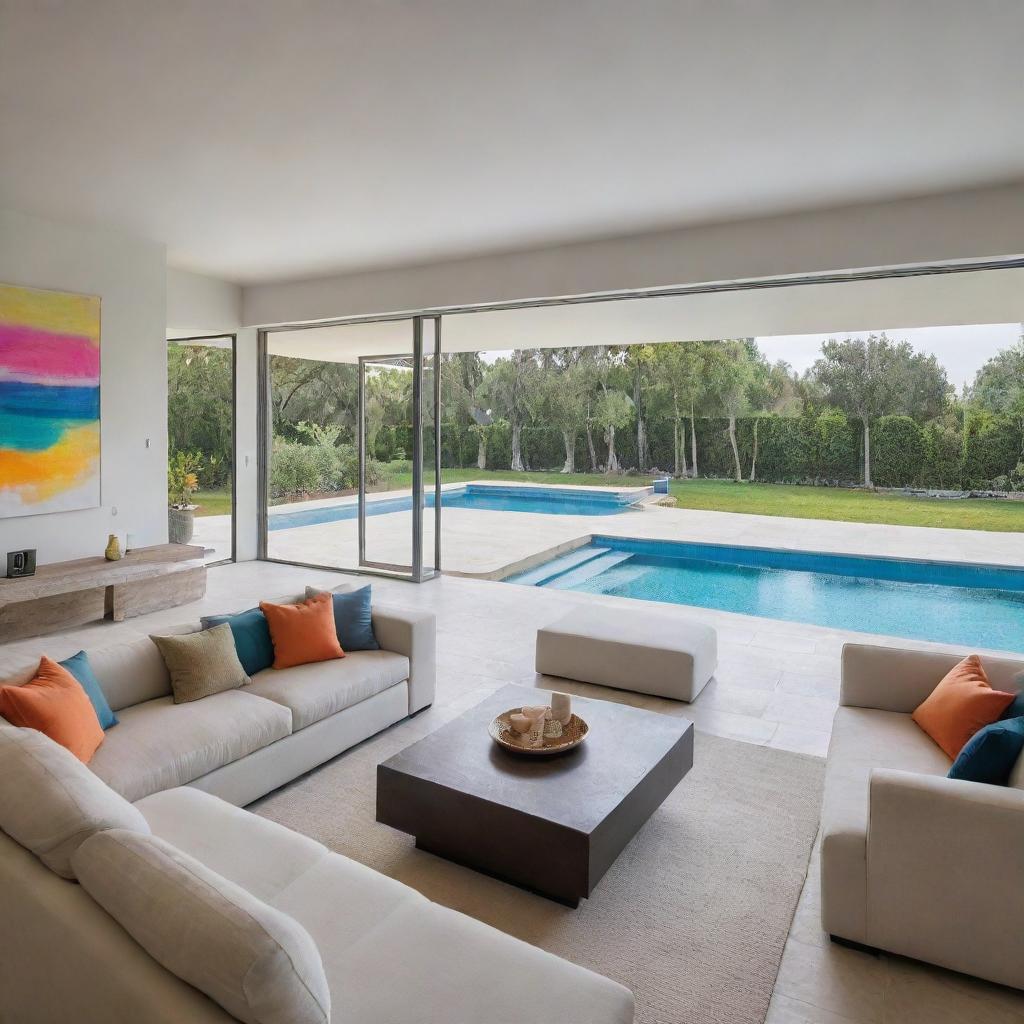 An enriched image of a modern living room in a villa, accentuated with additional accessories, enhanced lighting, more splashes of color, and an adjacent view of a serene swimming pool.