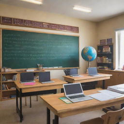 A brightly lit classroom with wooden desks arranged neatly, blackboard on a wall filled with formulas, colorful educational posters around, books on shelves, a teacher's desk at the front with a laptop, a globe, and an apple.