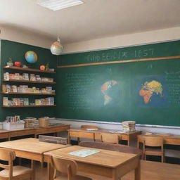 A brightly lit classroom with wooden desks arranged neatly, blackboard on a wall filled with formulas, colorful educational posters around, books on shelves, a teacher's desk at the front with a laptop, a globe, and an apple.