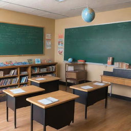 A brightly lit classroom with wooden desks arranged neatly, blackboard on a wall filled with formulas, colorful educational posters around, books on shelves, a teacher's desk at the front with a laptop, a globe, and an apple.