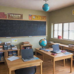 A brightly lit classroom with wooden desks arranged neatly, blackboard on a wall filled with formulas, colorful educational posters around, books on shelves, a teacher's desk at the front with a laptop, a globe, and an apple.