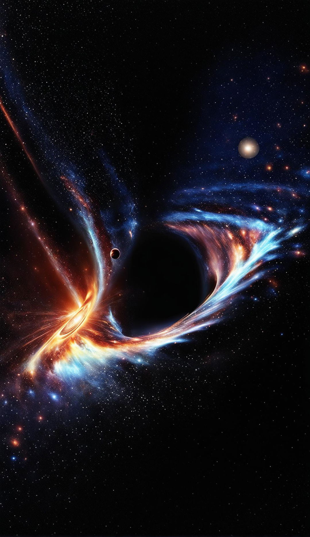 Hyperrealistic digital rendering of a black hole consuming our solar system as viewed from Earth with detailed depiction of planets and star-studded backdrop.