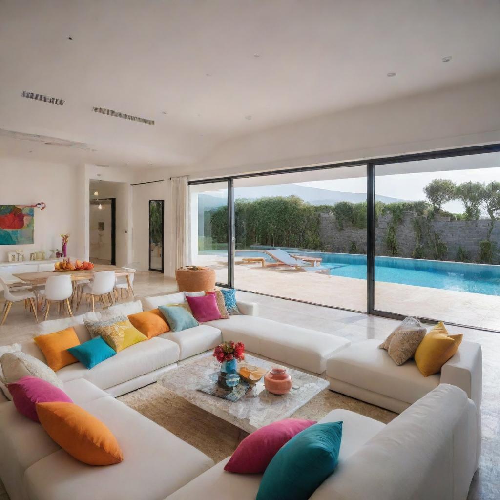 Modern interior of a villa living room, infused with brighter, more colorful accessories and heightened lighting, foregrounding a view near swimming pool.