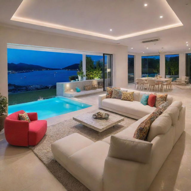 Modern interior of a villa living room, infused with brighter, more colorful accessories and heightened lighting, foregrounding a view near swimming pool.