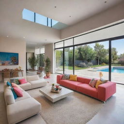 Modern interior of a villa living room, infused with brighter, more colorful accessories and heightened lighting, foregrounding a view near swimming pool.