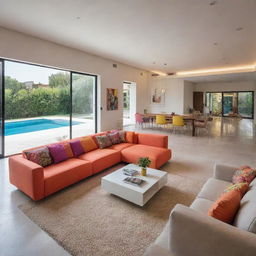 Modern interior of a villa living room, infused with brighter, more colorful accessories and heightened lighting, foregrounding a view near swimming pool.