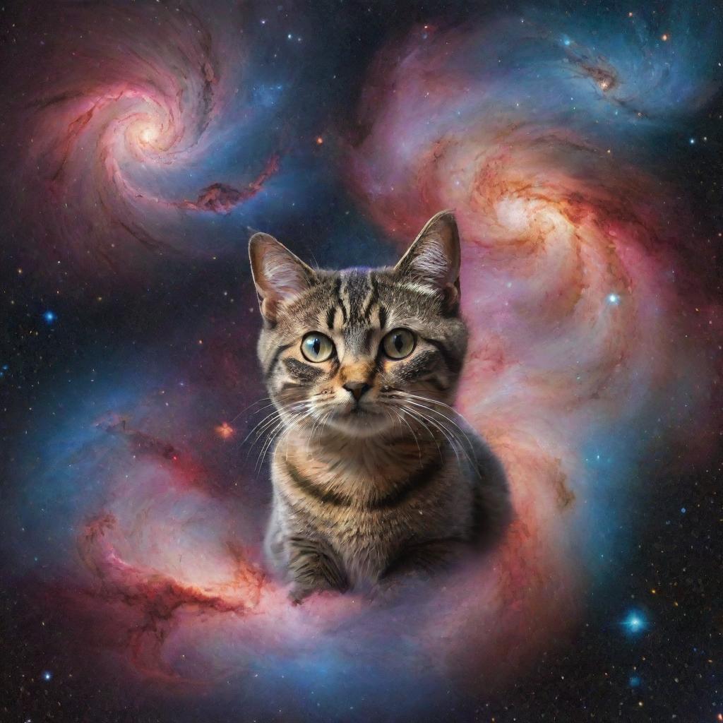 A galaxy with cat-shaped nebulae and star clusters, planets with kitten-faced continents, and a cosmic, swirling background of multi-colored space dust