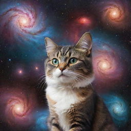 A galaxy with cat-shaped nebulae and star clusters, planets with kitten-faced continents, and a cosmic, swirling background of multi-colored space dust