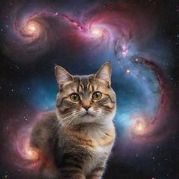 A galaxy with cat-shaped nebulae and star clusters, planets with kitten-faced continents, and a cosmic, swirling background of multi-colored space dust