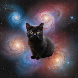 A galaxy with cat-shaped nebulae and star clusters, planets with kitten-faced continents, and a cosmic, swirling background of multi-colored space dust