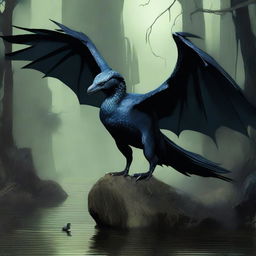 Envision a high-quality digital art piece showcasing a magnificent black drake