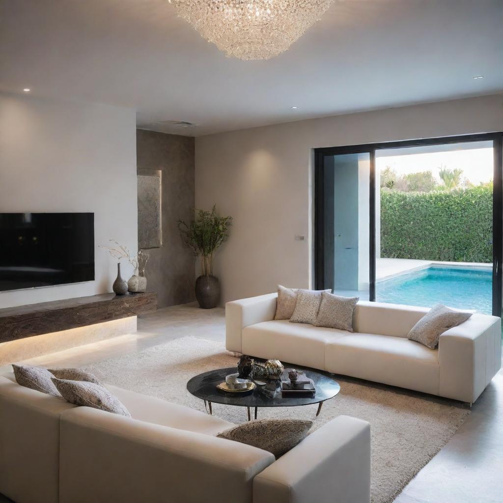 Modern interior of a villa living room with intricate accessories and dramatic lighting, featuring a close view of an elegant swimming pool.