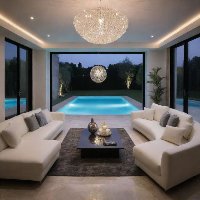 Modern interior of a villa living room with intricate accessories and dramatic lighting, featuring a close view of an elegant swimming pool.